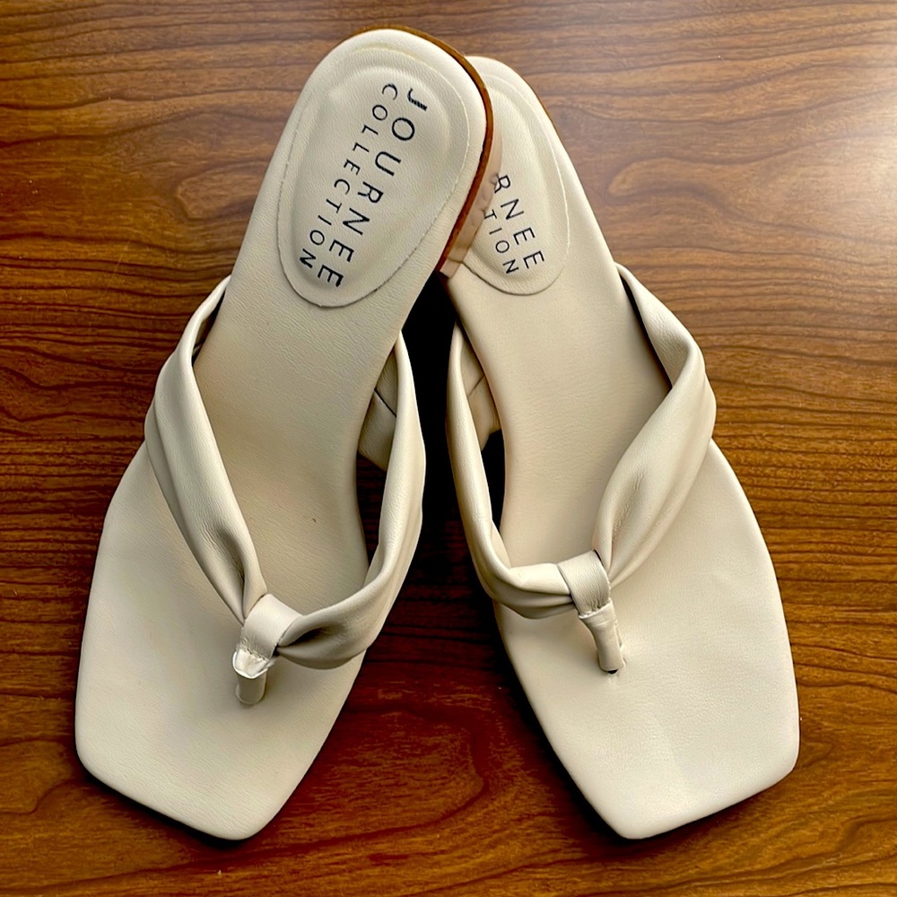 Journee Collection Women’s Leather Slip-On Block Heel Sandal in Beige/Tan